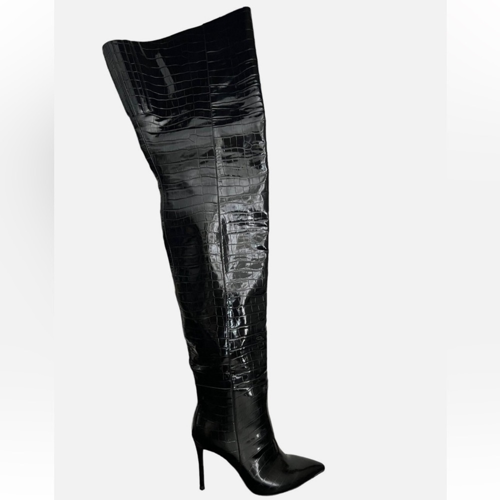 Forever 21 Black Croc Embossed Thigh High Over the Knee Boots Sz 10 - Picture 12 of 15